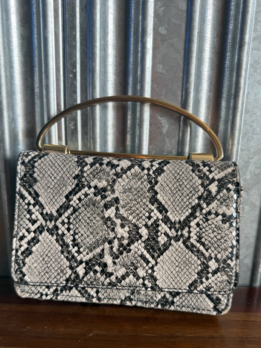 Madison West Black and White Snakeskin Purse with Gold Hardware